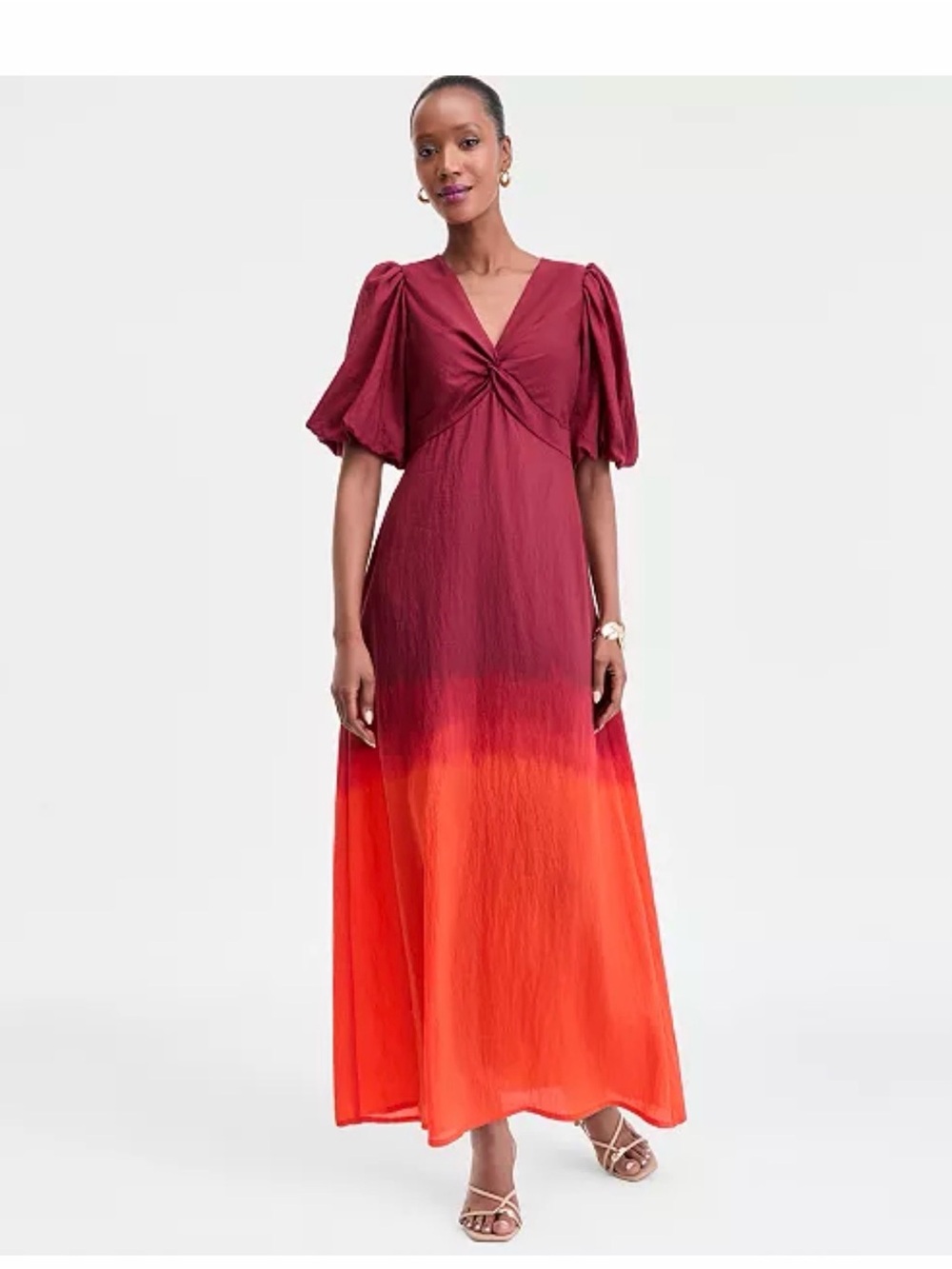 INC International Concepts Burgundy to Orange Ombre Twist-Front Maxi Dress